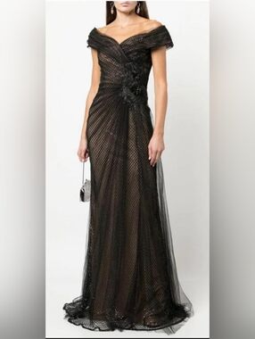 Tadashi Shoji Black Off-Shoulder Mesh Evening Gown